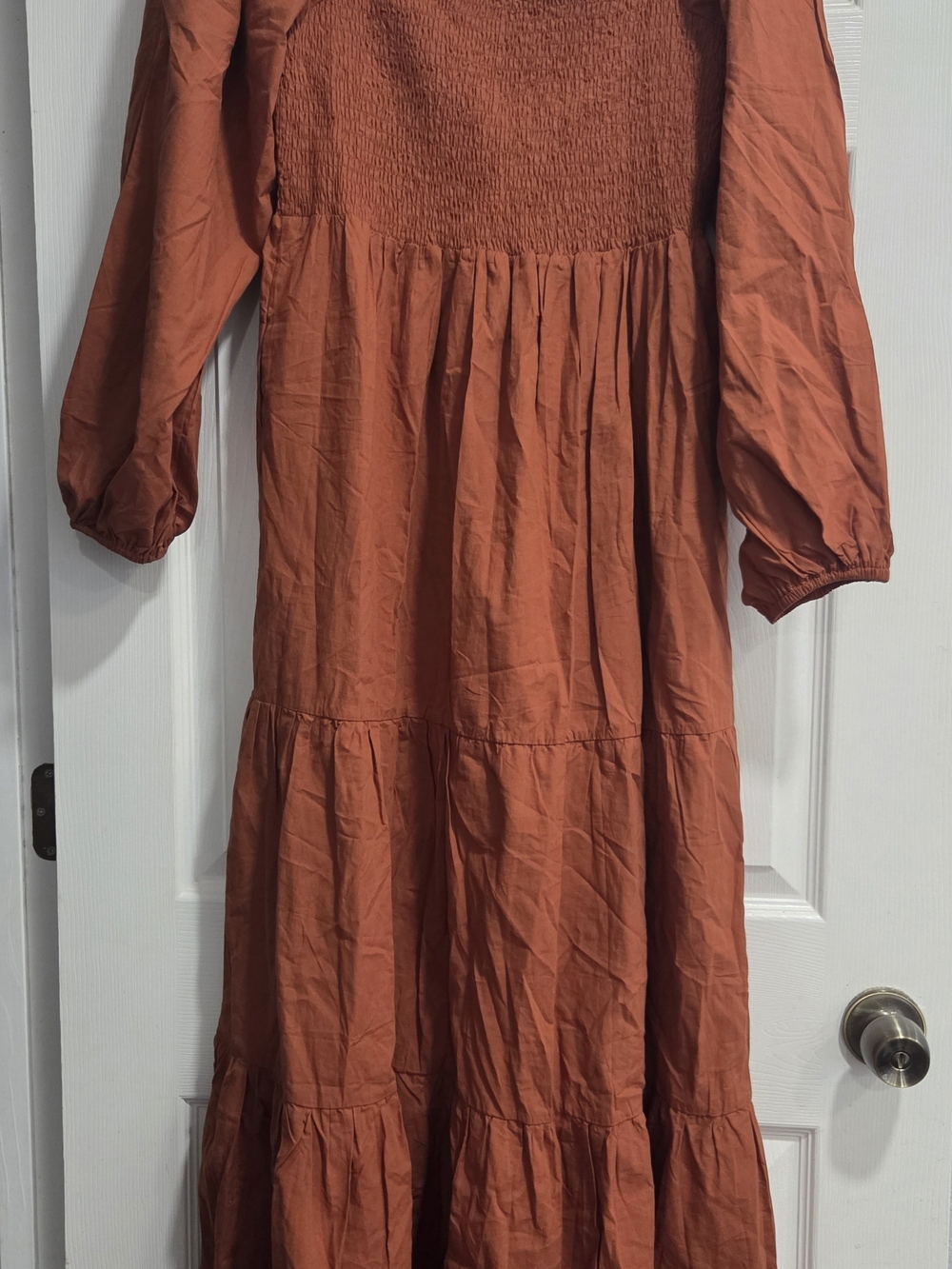 Elloh Tiered Long-Sleeve Maxi Dress in Rust 100% Cotton Large